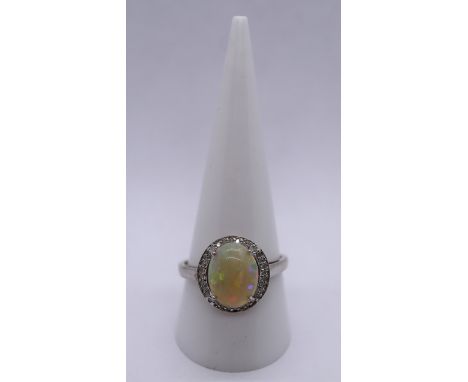 9ct white gold opal and diamond set ring - Size S½ 