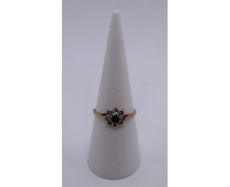 9ct gold diamond and sapphire cluster ring - Size M½ 