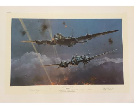 WWII 33x24 inch approx. signed colour print titled Lancaster Under Attack limited edition 46/650 signed in pencil by the arti