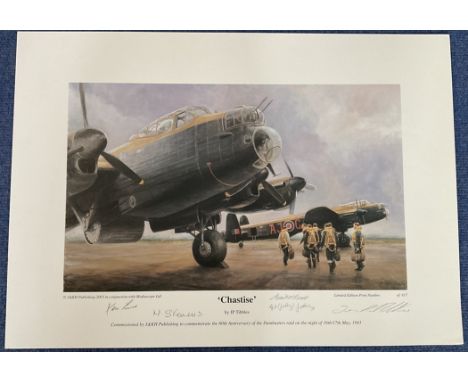 WW2 5 Signed JP Tibbles Colour Print Titled Chastise. 23 x 17 inches overall. Signatures include Ken Lucas, M Stevens, Grant 