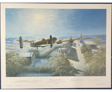 WWII Multi Signed Trevor Lay Colour Print Titled Moonlight Return 310 of 500 Signed by The Artist, Flt Sgt Arthur Perry, Mars