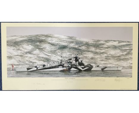 WWII multi signed 21x10 inch limited edition colour print titled Tirpitz in Kaafjord signatures include the artist Ivan Berry