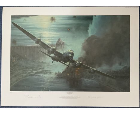 WWII George 'Johnny' Johnson Signed Coup De Grace The Mohne Dam Colour print by Anthony Saunders. Further Signed in Pencil by
