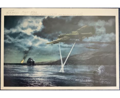 WWII multi signed  Colour Print Showing Lancaster Bombers Dropping Bouncing Bomb Towards the Dams in Germany. Signed in penci