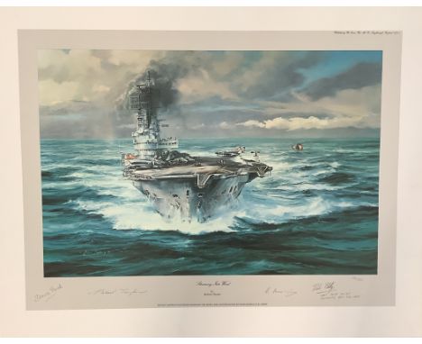 Steaming into Wind by Robert Taylor 23x18 inch colour print. Signed by Artist and 3 Veterans 156/850. Good condition. All aut