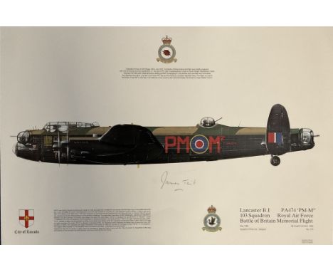 WWII James Willie Tait Signed Lancaster B1 Pa474 Battle of Britain Memorial Flight Colour Print. Signed in pencil. Print Meas