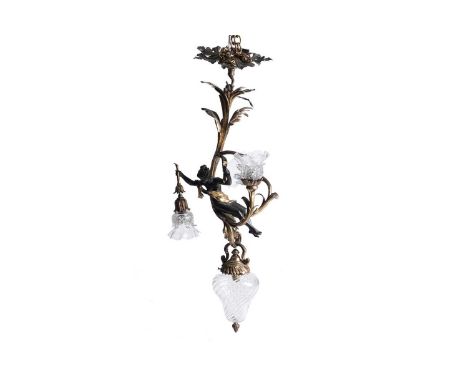 An early 20th Century French ormolu and patinated bronze figural four light chandelier, electrified, of Belle Epoque design w
