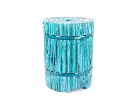 A Minton turquoise glazed garden seat, 1886, of simulated bamboo bundle form, impressed marks 'MINTONS' and date cipher for 1