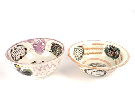 A 19th Century pearlware bowl, the exterior of the bowl printed and over-painted with 'Sunderland Bridge', a scene of a saili