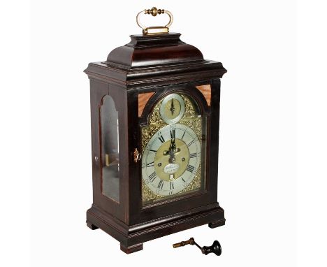 Samuel Whichcote, London: a mid-18th Century ebonised bracket clock, the arched brass dial with silvered Roman chapter ring, 