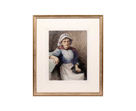 Robert Jobling [Staithes Group](1841-1923)Portrait of a Staithes Fisherwoman,signed,watercolour,34 x 25.5cms, in frame.