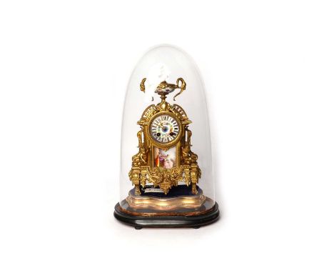 A 19th Century Continental porcelain and ormolu mantle clock, the Roman dial painted with a garland of flowerheads within a b