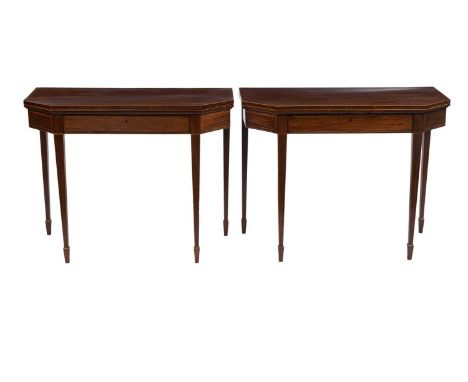 A pair of Regency mahogany canted rectangular and boxwood strung card and tea tables, each with hinged tops resting on a gate