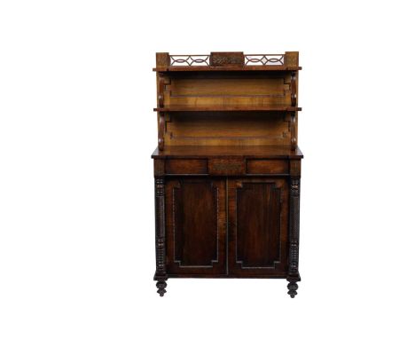 A Regency brass inlaid rosewood chiffonier, the superstructure with pierced gallery and shelves held by scroll supports, abov