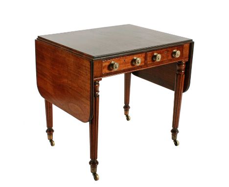 A late Georgian mahogany two-drawer Gillows-style sofa table, c.1820, the rectangular double flap top with reeded edge, with 
