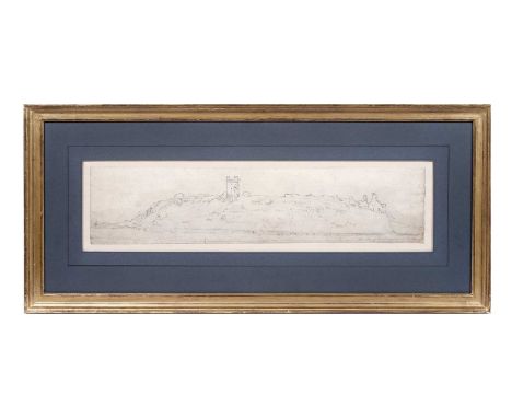 John Varley(1778-1842)West View of Dunstanburgh Castle,signed,pencil sketch drawing,12 x 53.5cms, in frame.