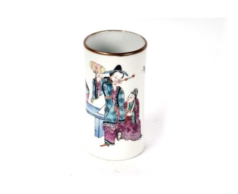 A Chinese famille rose small vase or brush pot, Qing, decorated with a scholar and musician, Qianlong seal mark in overglaze 