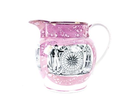 A Sunderland pearlware jug, circa 1840, printed in black with 'The Mariner's compass' and a 'View of the iron bridge', and wi