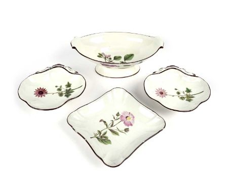 An early 19th Century botanical part dessert service, each piece painted with a titled botanical specimen, comprising; an ova