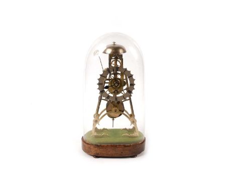 A late 19th Century brass skeleton clock, the single fusee movement striking on a single bell, with silvered Roman chapter ri