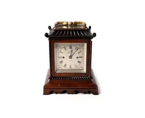 A late Georgian double fusee mantel clock by James Murray, Royal Exchange, London, the square silvered Roman dial with floral