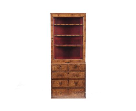 A walnut and feather banded display cabinet, 18th Century and later, the glazed upper section fitted velvet-lined shelves, on