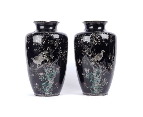 A fine pair of Japanese cloisonne vases, probably school of Hayashi Kodenji, Taisho period, worked in silver and gold wire on