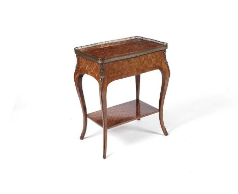 An attractive 20th Century French style walnut and kingwood parquetry side table, the top with brass gallery, drawer and pull