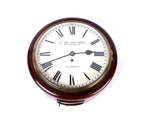 L. Mumford, Fenchurch Street, London: a late 19th Century mahogany single fusee wall timepiece, having a 12" white enamel dia