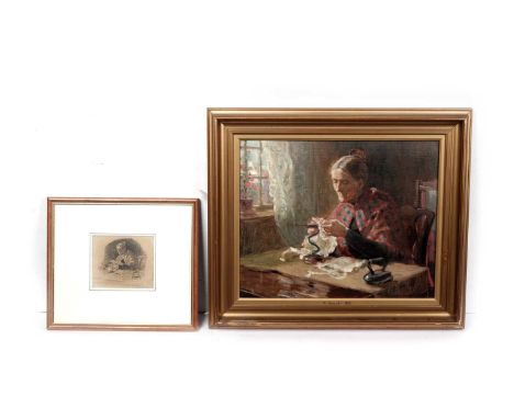 Ralph Hedley(1848-1913)"Woman With Goffering Iron",signed with initials and dated [19]09,oil on canvas board,32 x 39cms, in f