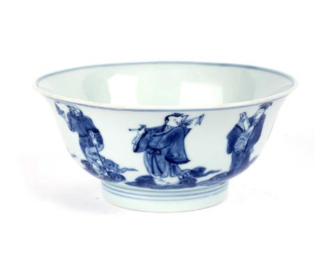 A Chinese blue and white bowl, Qing, decorated with the eight Taoist immortals each on cloud scroll, within blue lined border