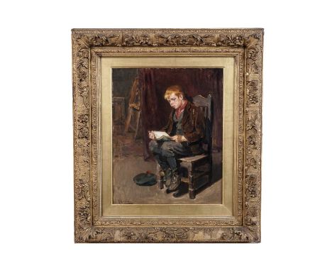 Ralph Hedley(1848-1913)In the Studio, portrait of a young boy reading, a tam o'shanter by his feet,signed with initials and d