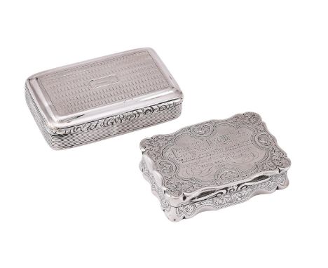 
	
		TWO SILVER SNUFF BOXES
		To include: a Victorian shaped rectangular snuff box by Colen Hewer Cheshire, Birmingham 1893, 