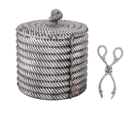 
	
		A SPANISH ELECTRO-PLATED COILED ROPE ICE BUCKET AND A PAIR OF TONGS
		VALENTI, LATE 20TH CENTURY
		With a knot finial to