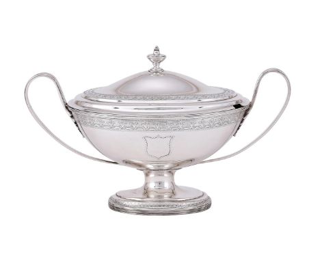 
	
		A GEORGE III SILVER OVAL SAUCE TUREEN
		JOHN ROBINS, LONDON 1791
		With an urn shaped finial to the domed cover, twin lo