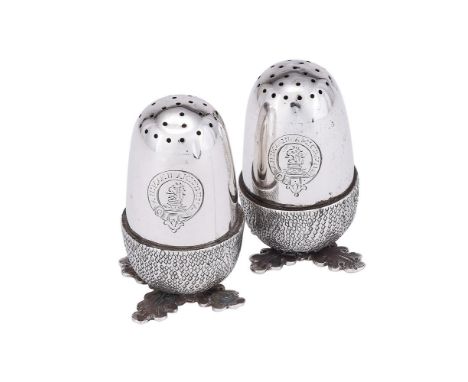 
	
		AN EDWARDIAN PAIR OF SILVER ACORN SALT AND PEPPER SHAKERS
		GEORGE UNITE, BIRMINGHAM 1903
		Engraved with a crest and mo