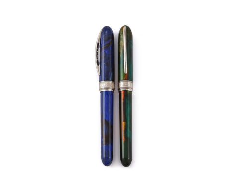 
	
		VISCONTI, VAN GOGH 
		TWO RESIN FOUNTAIN PENS 
		Cap and Barrel: The marbled blue or green cap and barrel with white col