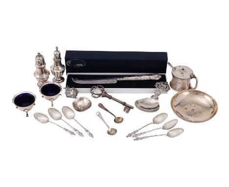 
	
		A COLLECTION OF SILVER ITEMS
		To include: a model of a key by Vaughton &amp; Sons, Birmingham 1911, engraved with a cre