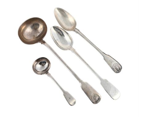 
	
		FOUR SILVER SERVING PIECES
		To include: a William IV fiddle, shell and thread pattern serving spoon by Mary Chawner, Lo