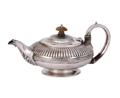 Y&amp;nbspA GEORGE IV SILVER HALF LOBED CIRCULAR TEA POT J. WRANGHAM &amp; WILLIAM MOULSON, LONDON 1822 With an ivory finial 