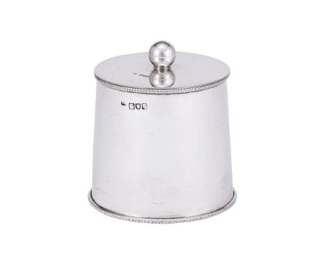 
	
		AN EDWARDIAN SILVER CIRCULAR SLIGHTLY TAPERING TEA CADDY
		JOSEPH BRAHAM, LONDON 1901
		With a ball finial to the flat c