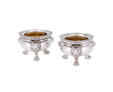 
	
		A PAIR OF GEORGE IV SILVER CAULDRON SALTS
		PHILIP RUNDELL, LONDON 1820
		With gadrooned and shell borders, engraved wit