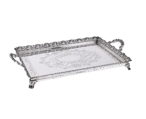 
	
		A PORTUGUESE SILVER COLOURED TWIN HANDLED RECTANGULAR GALLERIED TRAY
		PORTO POST 1938 .833 STANDARD
		With a cast deer 