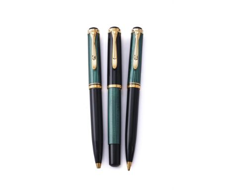 
	
		PELIKAN, SOUVERAN
		A BLACK RESIN PEN SET COMPRISING FOUNTAIN PEN, BALL POINT AND PENCIL 
		Cap and barrel: The black an