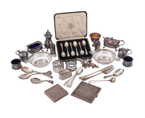 
	
		A COLLECTION OF SILVER ITEMS
		To include: a three piece baluster cruet set by William Suckling Ltd., Birmingham 1987 (2