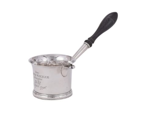 
	
		A GEORGE III SILVER BRANDY PAN
		PETER &amp; ANN BATEMAN, LONDON 1794
		With a turned wood handle and engraved with a pr