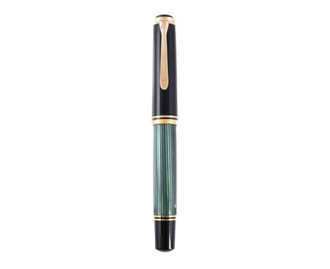 
	
		PELIKAN, SOUVERAN, M1000 
		A BLACK RESIN FOUNTAIN PEN
		Cap and barrel: The green striped resin barrel and black resin 