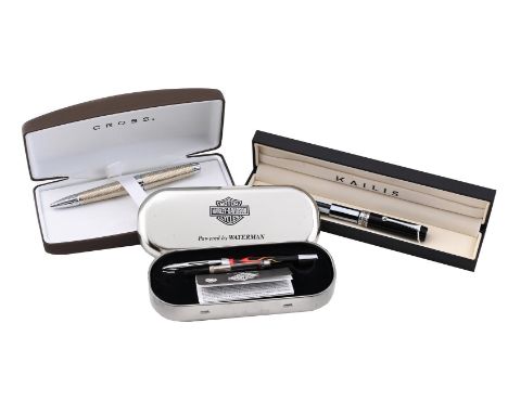 
	
		THREE PENS
		To include: Cross, a textured ballpoint pen, the textured barrel with a white metal clip, with a Cross box,