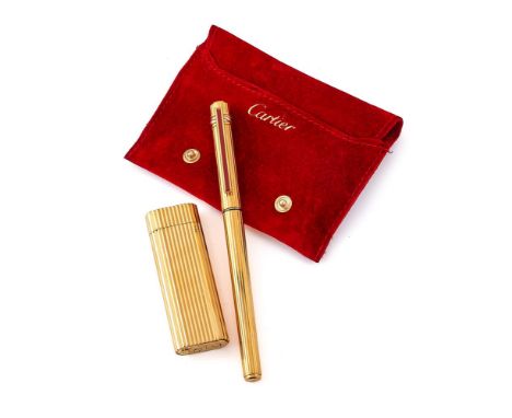 
	
		CARTIER, TRINITY 
		A GOLD PLATED FOUNTAIN PEN
		Cap and Barrel: Gold plated cap and barrel, the cap with a red lacquere