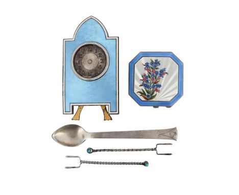 
	
		A COLLECTION OF SMALL SILVER ITEMS
		To include: a silver coloured and enamel clock by Geneva Clock Co., stamped Sterlin